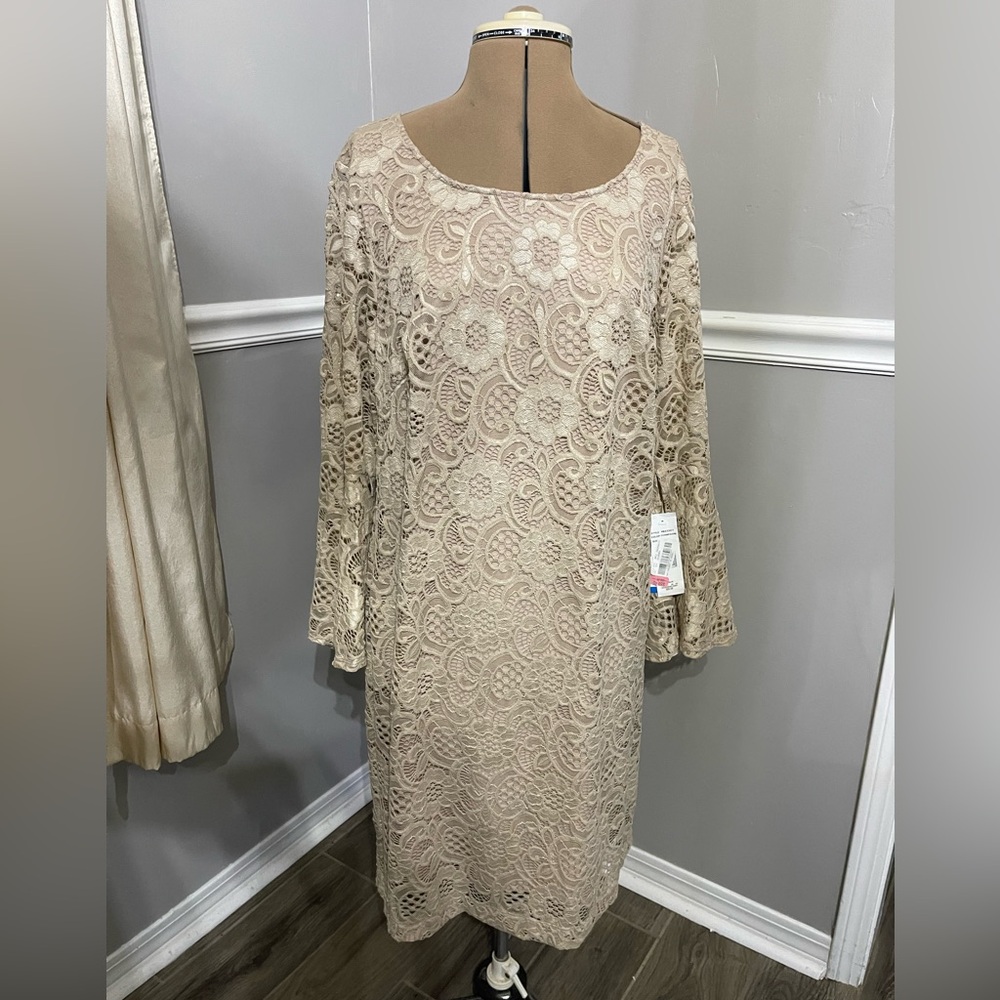 Signature by Robbie Bee Beige Floral Lace Dress
